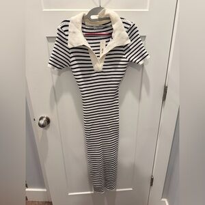 NWT The Workshop Navy Stripe Ribbed Polo Midi Dress Size L